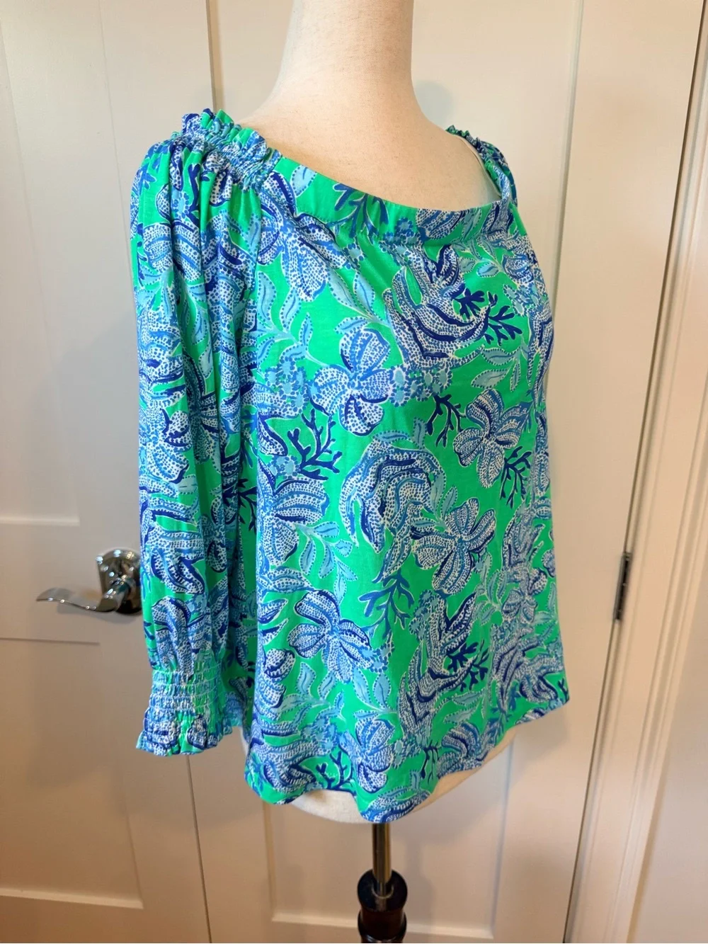 Lilly Pulitzer Aqua and Blue Off-Shoulder Floral Blouse